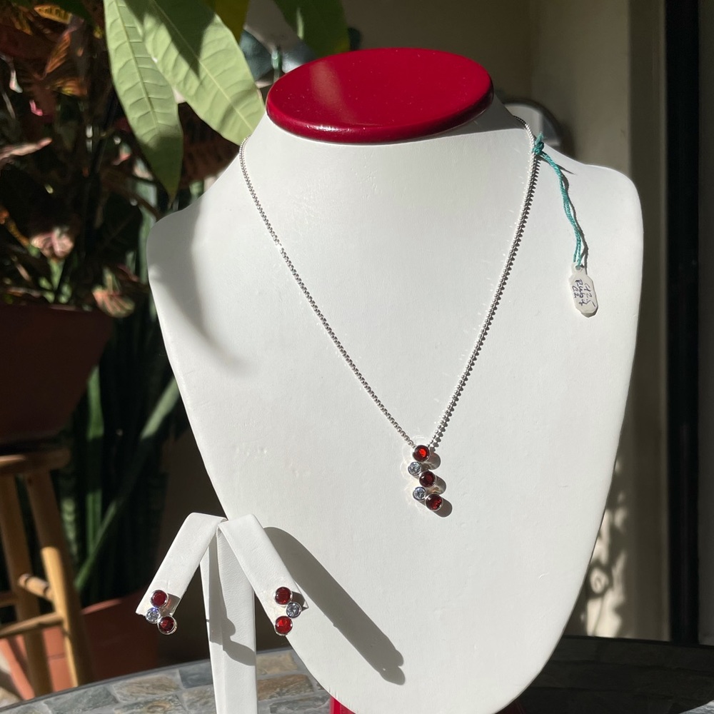 Ruby/CZ Stones Sterling Silver Necklace ER Set - Picture 5 of 14